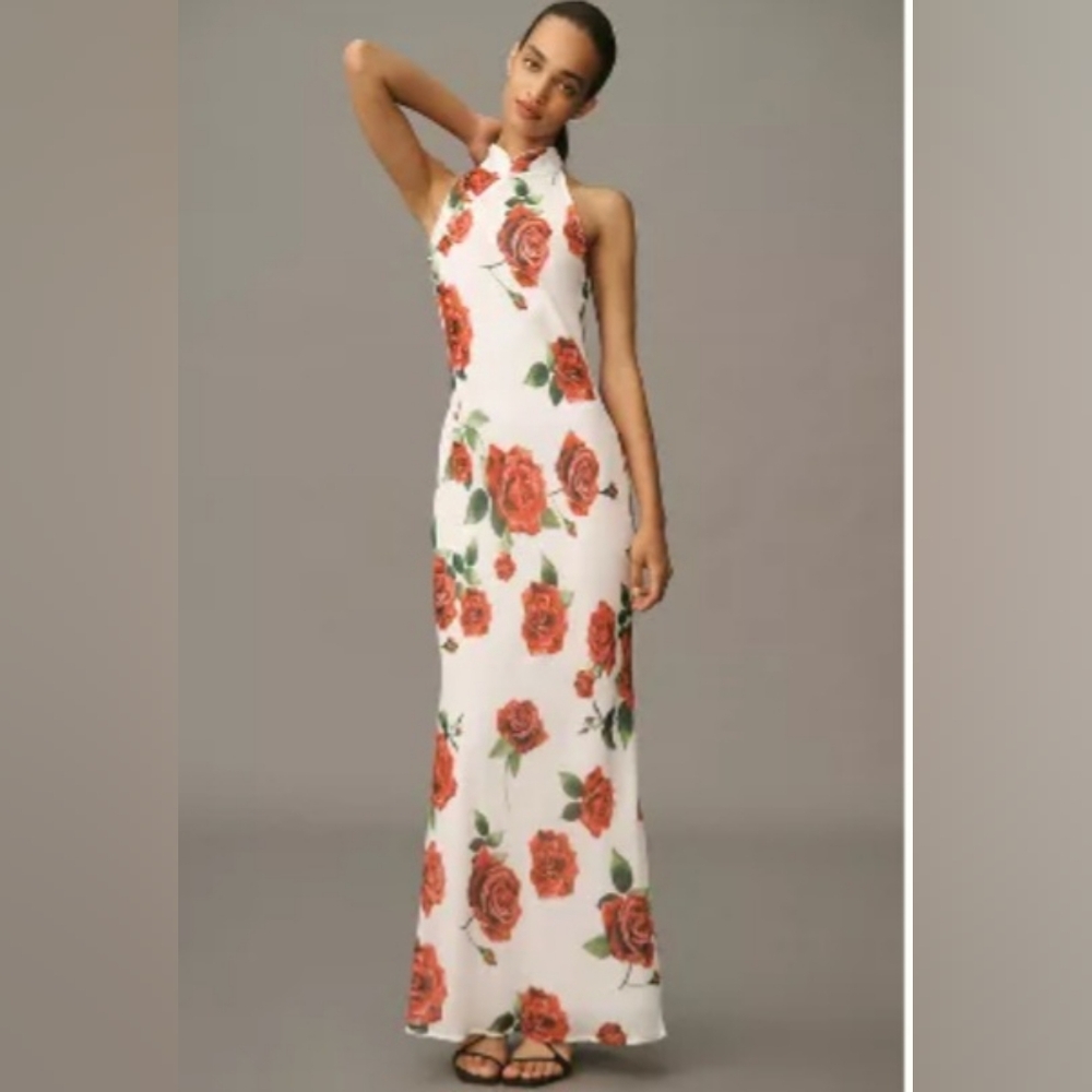 SAU LEE Gladys Size 14 White Red Floral Sleeveless High Collar Slinky Maxi Dress